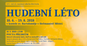 Plakát: Hudební léto, XIV. ročník mezinárodního festivalu, 10. 6. – 19. 8. 2018, kostel sv. Bartoloměje v Heřmanově Městci