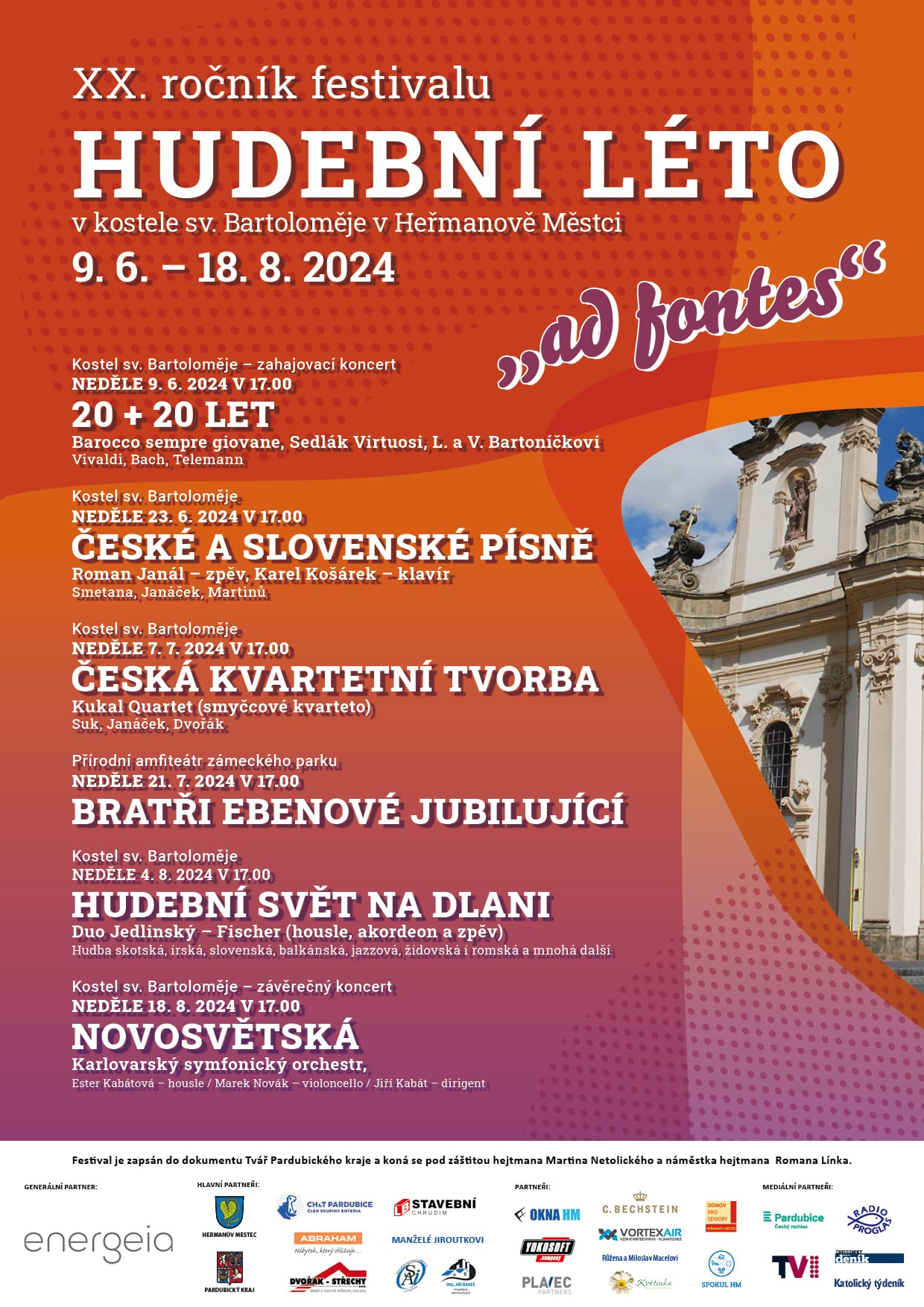 Plakát XX. ročníku festivalu Hudební léto 2024, 9. 6. – 18. 8., motto „ad fontes“: oranžovofialový plakát s fotografií kostela a programem šesti koncertů od 20 + 20 let po Novosvětskou.