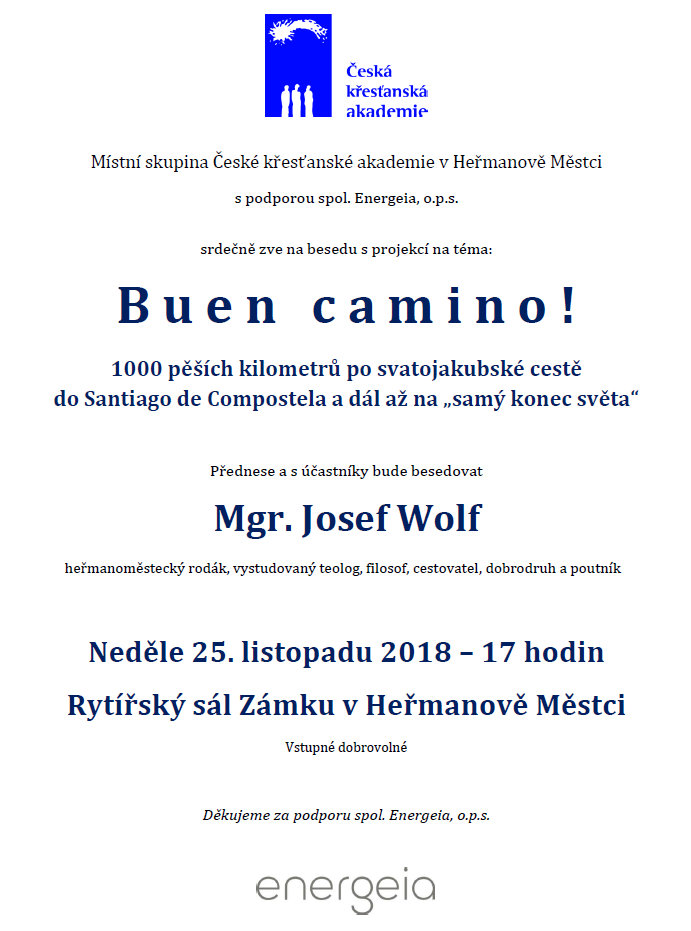 Plakát: Beseda Buen camino!, 25. 11. 2018 v 17.00, Rytířský sál Zámku v Heřmanově Městci