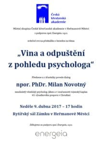 Plakát: Česká křesťanská akademie, přednáška s besedou „Vina a odpuštění z pohledu psychologa“, 9. 4. 2017 v 17.00, Rytířský sál Zámku v Heřmanově Městci