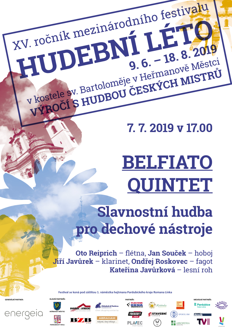 Plakát: Hudební léto, Belfiato Quintet, 7. 7. 2019 v 17.00, kostel sv. Bartoloměje v Heřmanově Městci