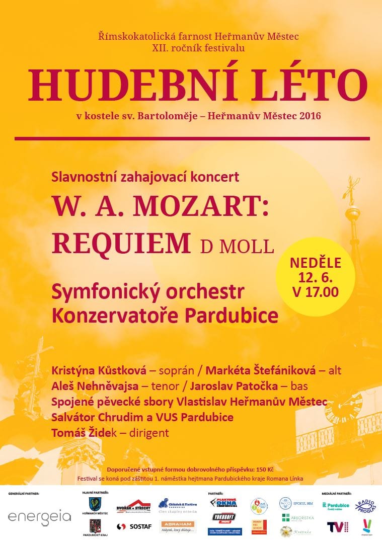 Plakát: Hudební léto, Slavnostní zahajovací koncert W. A. Mozart: Requiem d moll, 12. 6. 2016 v 17.00, kostel sv. Bartoloměje