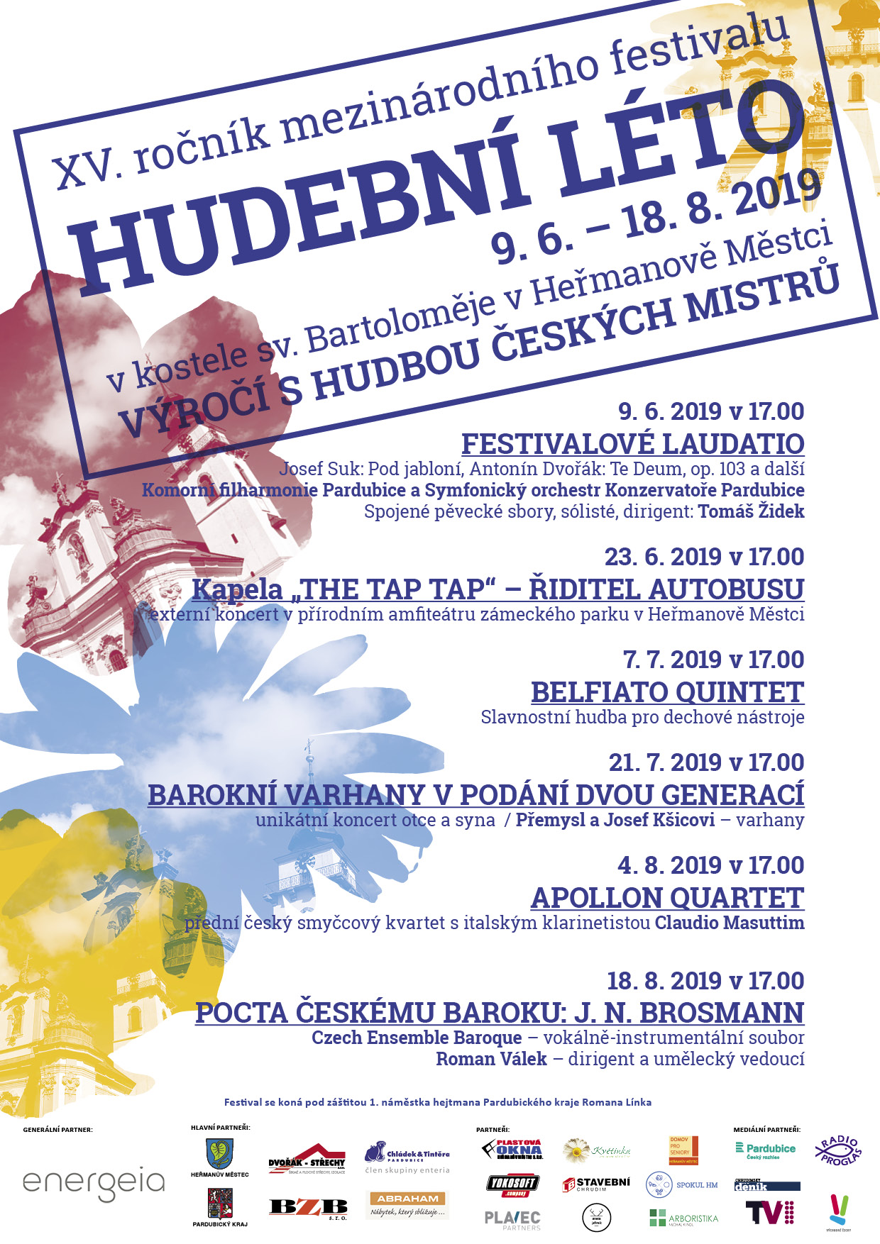 Plakát XV. ročníku festivalu Hudební léto 2019, 9. 6. – 18. 8., s tématem Výročí s hudbou českých mistrů: barevné květy s věžemi kostela a program šesti koncertů.