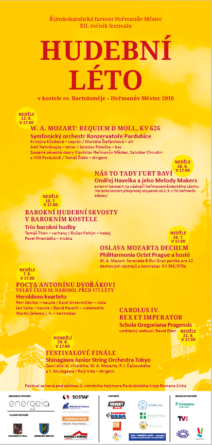 Plakát XII. ročníku festivalu Hudební léto v kostele sv. Bartoloměje 2016: žlutý plakát s programem sedmi koncertů od 12. 6. do 29. 8., Mozartovo Requiem a festivalové finále.