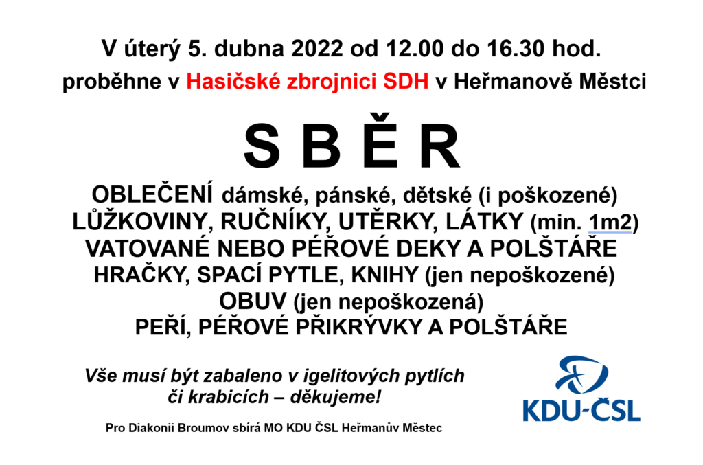 Plakát: Sběr oblečení a dalších věcí pro Diakonii Broumov, 5. 4. 2022 od 12.00 do 16.30, Hasičská zbrojnice SDH v Heřmanově Městci