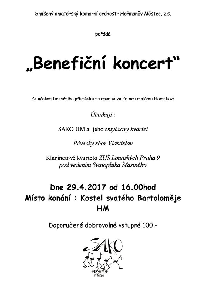 Plakát: Benefiční koncert pro Honzíka, 29. 4. 2017 v 16.00, kostel sv. Bartoloměje