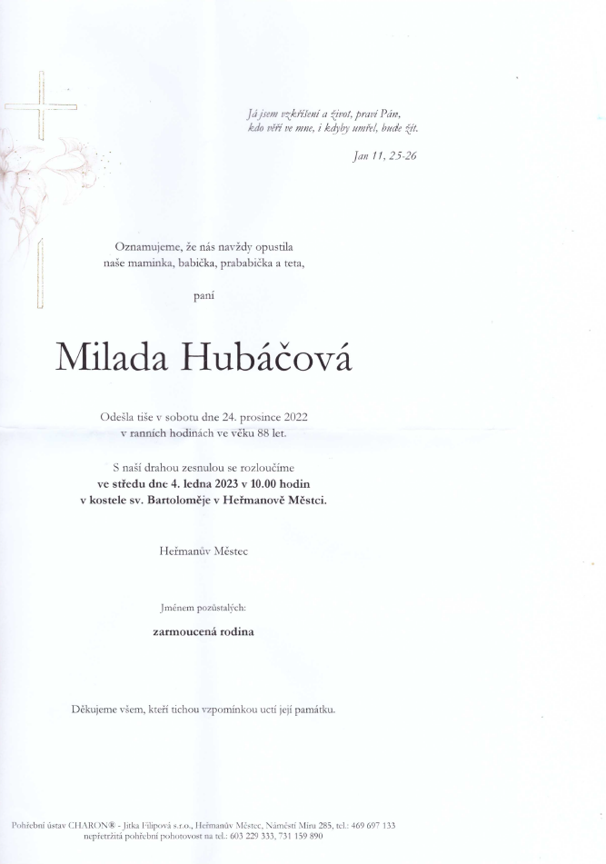 Parte: Milada Hubáčová, zemřela 24. 12. 2022, rozloučení 4. 1. 2023 v 10.00, kostel sv. Bartoloměje v Heřmanově Městci
