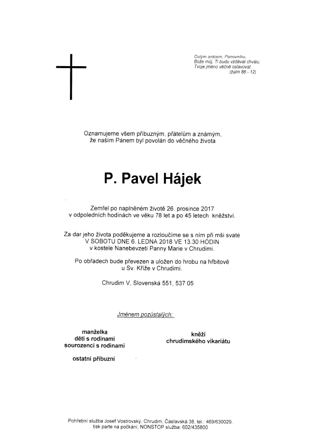 Parte: P. Pavel Hájek, rozloučení mší svatou 6. 1. 2018 v 13.30, kostel Nanebevzetí Panny Marie v Chrudimi