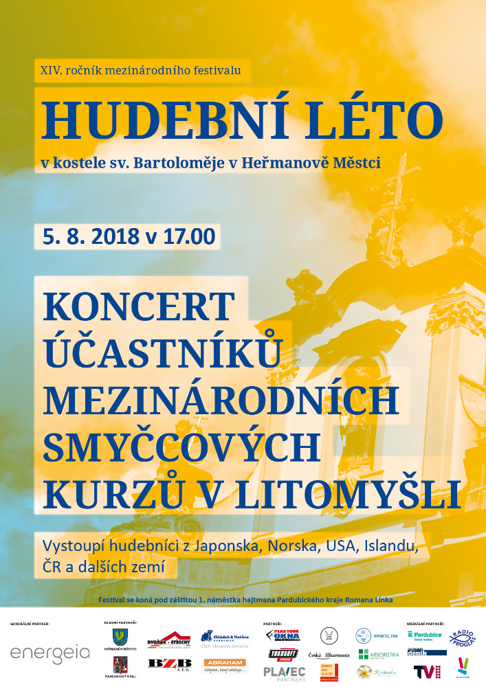 Plakát: Hudební léto, Koncert účastníků mezinárodních smyčcových kurzů v Litomyšli, 5. 8. 2018 v 17.00, kostel sv. Bartoloměje