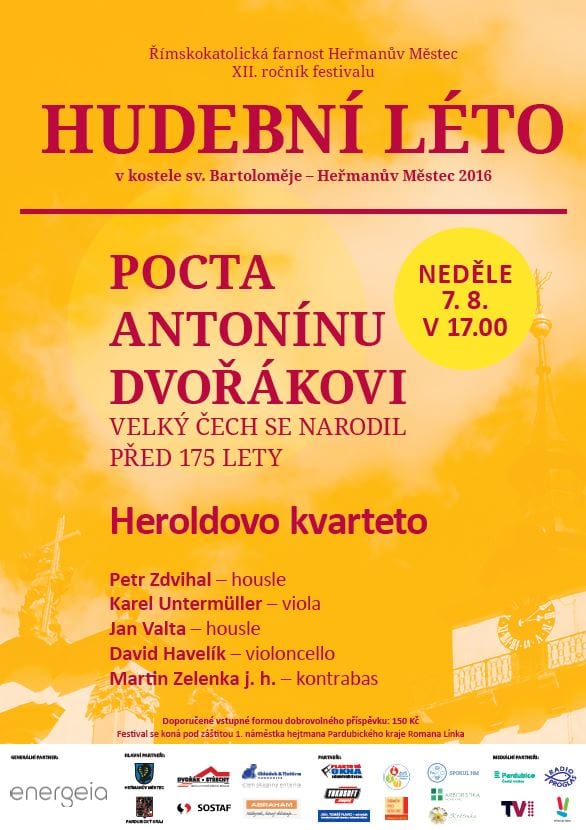 Plakát: Hudební léto, Pocta Antonínu Dvořákovi, 7. 8. 2016 v 17.00, kostel sv. Bartoloměje