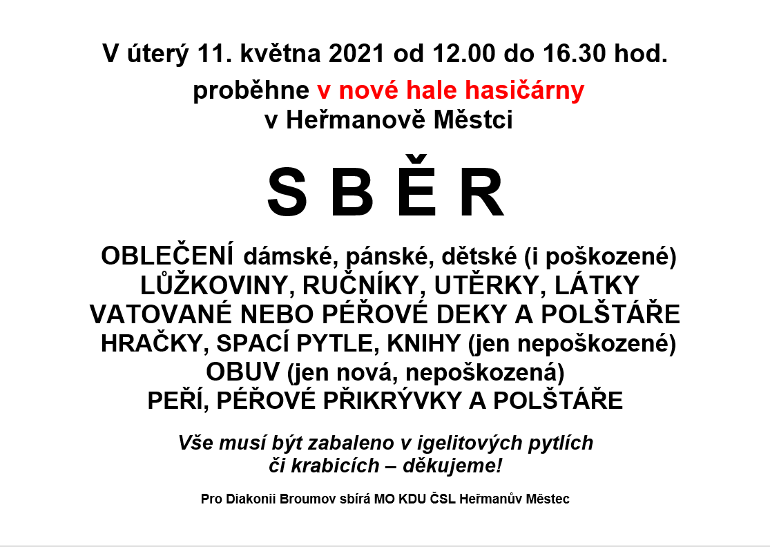 Plakát: Sběr oblečení a dalších věcí pro Diakonii Broumov, 11. 5. 2021 od 12.00 do 16.30, nová hala hasičárny v Heřmanově Městci