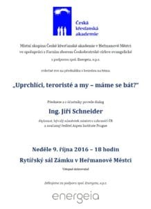 Plakát: Přednáška s besedou „Uprchlíci, teroristé a my – máme se bát?“, 9. 10. 2016 v 18.00, Rytířský sál Zámku v Heřmanově Městci