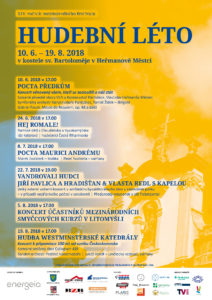Plakát: Hudební léto, XIV. ročník mezinárodního festivalu, 10. 6. – 19. 8. 2018, kostel sv. Bartoloměje v Heřmanově Městci