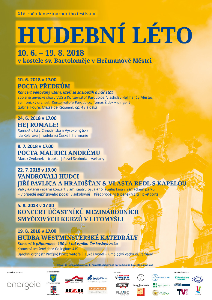 Plakát XIV. ročníku festivalu Hudební léto v kostele sv. Bartoloměje 2018: modrý nápis na žlutém pozadí s kostelem, program šesti koncertů od 10. 6. do 19. 8. 2018.