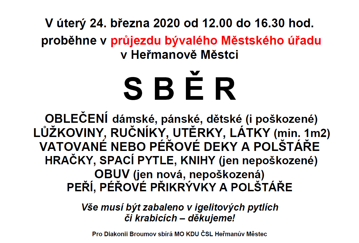Plakát: Sběr oblečení a dalších věcí pro Diakonii Broumov, 24. 3. 2020 od 12.00 do 16.30, průjezd bývalého Městského úřadu v Heřmanově Městci