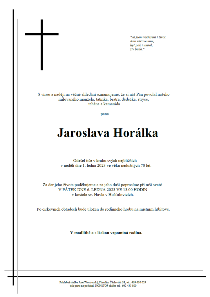 Parte: Jaroslav Horálek, mše svatá 6. 1. 2023 v 13.00, kostel sv. Havla v Hošťalovicích