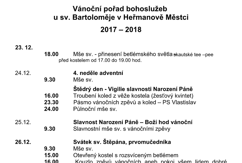 Plakát: Vánoční pořad bohoslužeb u sv. Bartoloměje v Heřmanově Městci 2017 – 2018