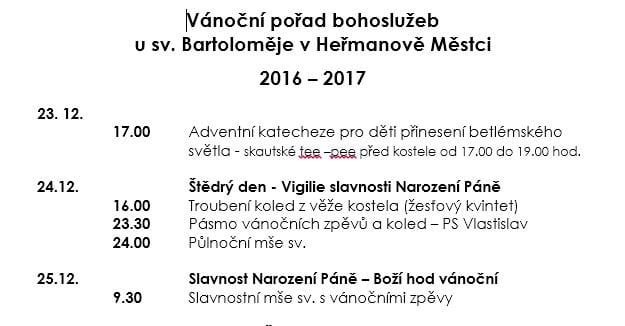 Plakát: Vánoční pořad bohoslužeb u sv. Bartoloměje v Heřmanově Městci 2016 – 2017