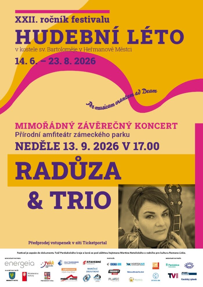 Plakát XXII. ročníku festivalu Hudební léto – mimořádný závěrečný koncert RADŮZA & TRIO, neděle 13. 9. 2026 v 17.00, přírodní amfiteátr zámeckého parku