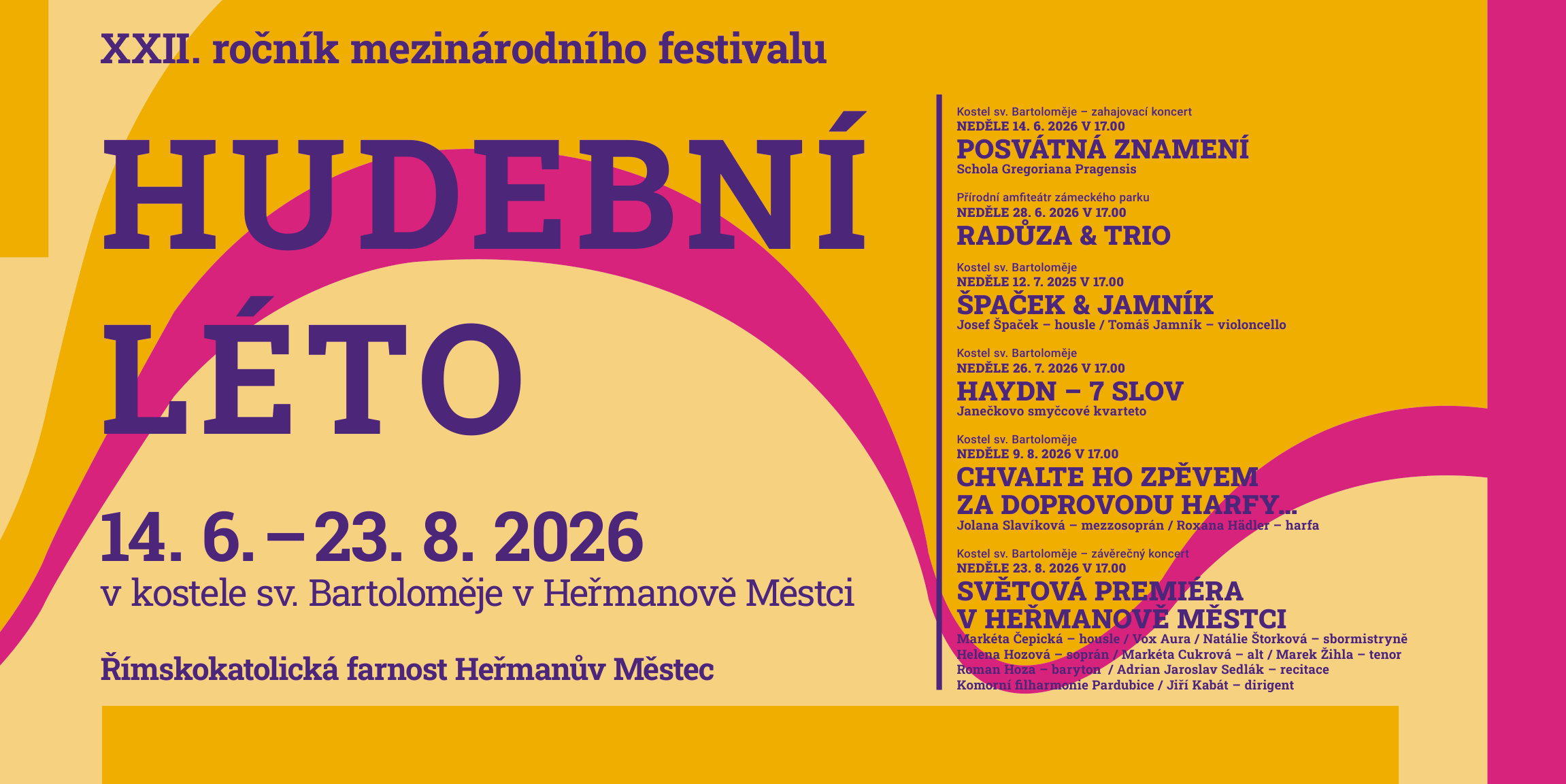 Plakát XXII. ročníku festivalu Hudební léto v kostele sv. Bartoloměje v Heřmanově Městci 2026
